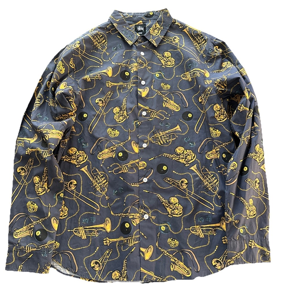 Vintage Stussy Men's Blue Musical Instrument Print Long Sleeve Shirt Mens M